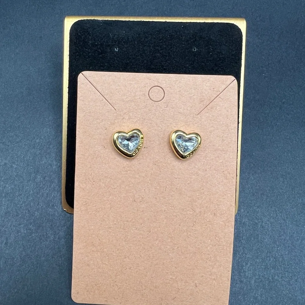 Coach Heart Stud Earrings Gold Tone Clear Crystal Logo Engraved Romantic Jewelry - Picture 7 of 7